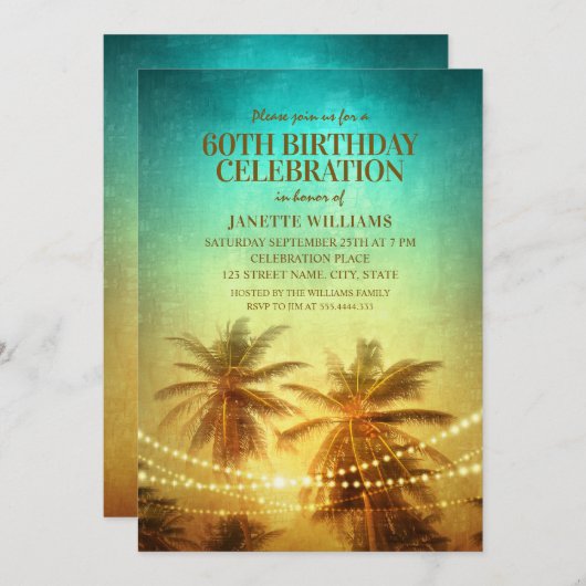 熱帯ビーチをテーマにした60歳誕生日パーティハワイアン 招待状 (正面/裏面)