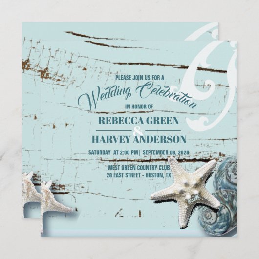 熱帯ビーチアクアブルーシーシェルヒトデ結婚ィス 招待状 (正面/裏面)