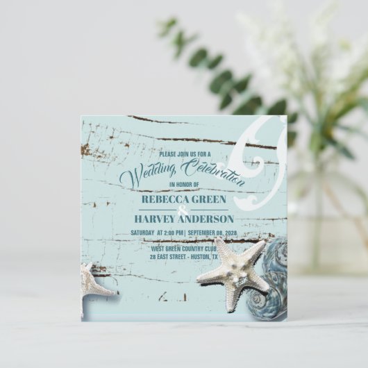 熱帯ビーチアクアブルーシーシェルヒトデ結婚ィス 招待状 (スタンド正面)