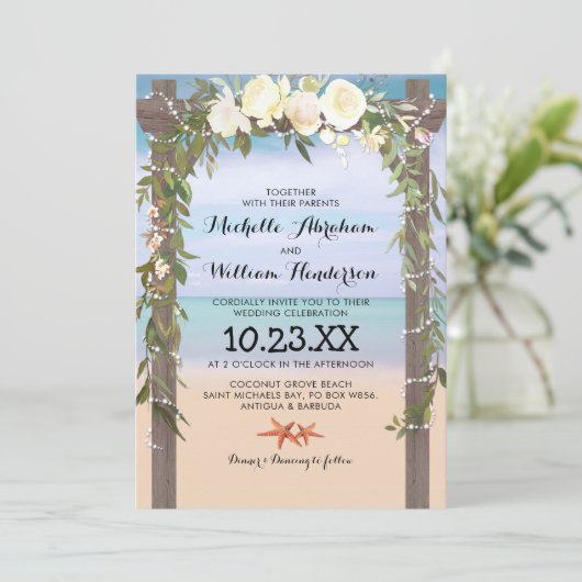 熱帯ビーチアーバーフローラライト結婚ズ 招待状 (スタンド正面)