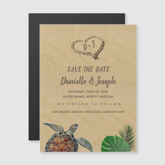 熱帯ビーチウミガメの結婚式の日付を保存 (正面/裏面)