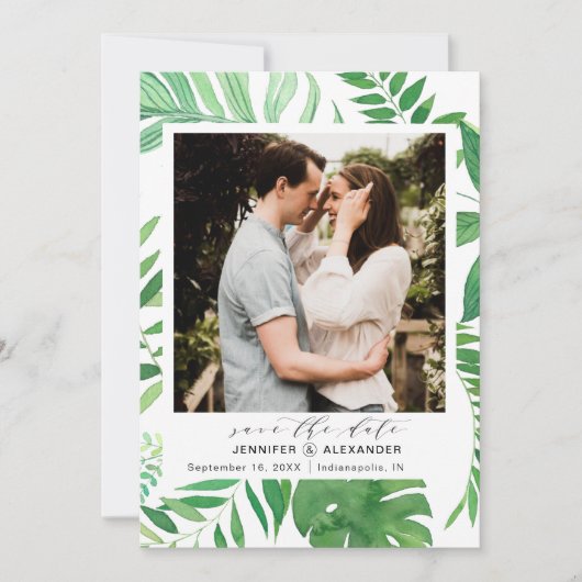 熱帯ビーチエレガントの緑の写真 セーブザデート (正面)