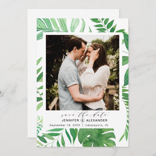 熱帯ビーチエレガントの緑の写真 セーブザデート (正面/裏面)