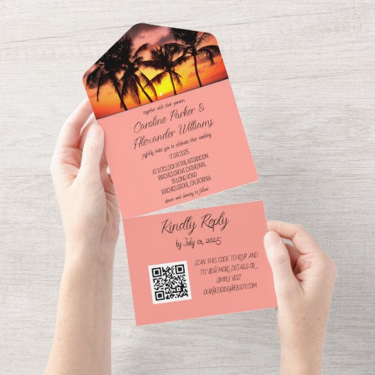 熱帯ビーチエレガント先RSVP QRコード オールインワン招待状 (貼ってはがせる)