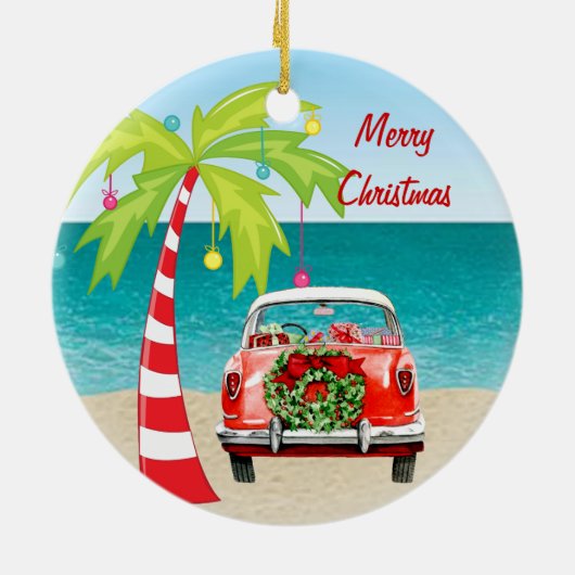熱帯ビーチクラシックな車のクリスマスのオーナメント セラミックオーナメント (裏面)
