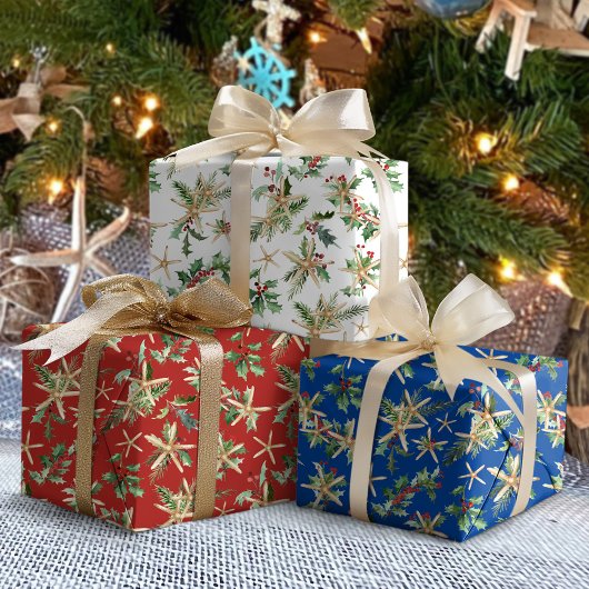 熱帯ビーチクリスマスヒトデとホリー ラッピングペーパーシート