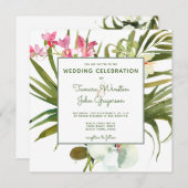 熱帯ビーチグリーンリーピンクフローラ白い蘭 招待状 (正面/裏面)