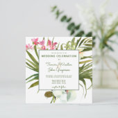 熱帯ビーチグリーンリーピンクフローラ白い蘭 招待状 (スタンド正面)