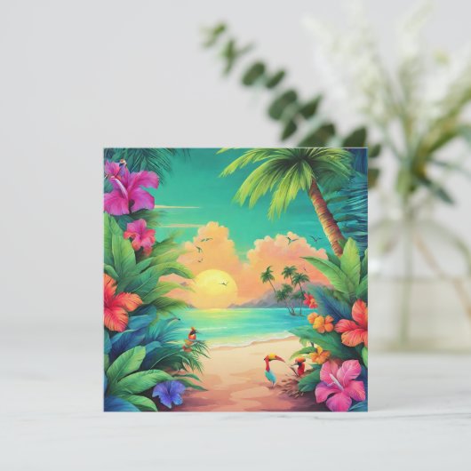 熱帯ビーチサンセットとハイビスカスの花 カード (スタンド正面)