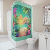 熱帯ビーチサンセットとハイビスカスの花 シャワーカーテン (インサイチュ)