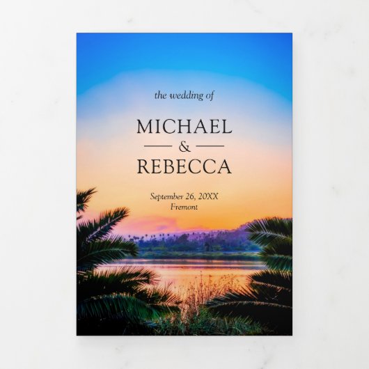 熱帯ビーチサンセットストリングラ結婚イトの写真 三つ折り招待状 (カバー)