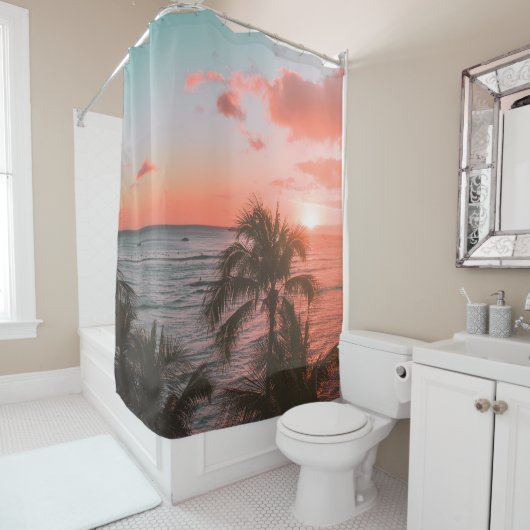 熱帯ビーチサンセットフォトシーサイドパームツリーズ シャワーカーテン (インサイチュ)