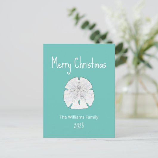 熱帯ビーチサンドドルティール（緑がかった色）クリスマス シーズンポストカード (スタンド正面)