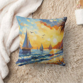 熱帯ビーチシーンと帆船装飾用クッション クッション (ブランケット)