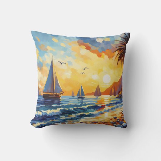 熱帯ビーチシーンと帆船装飾用クッション クッション (正面)