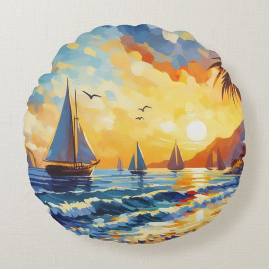 熱帯ビーチシーンと帆船 ラウンドクッション (正面)
