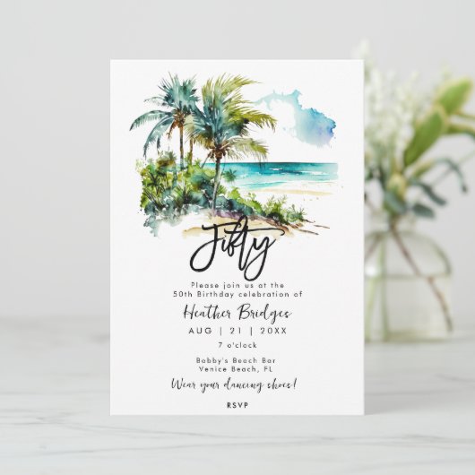熱帯ビーチシーン50th誕生日パーティー 招待状 (スタンド正面)