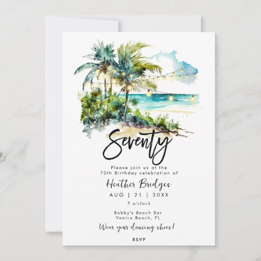 熱帯ビーチシーン70th誕生日パーティー 招待状 (正面)