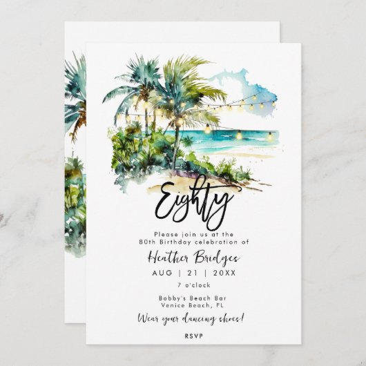 熱帯ビーチシーン80th誕生日パーティー 招待状 (正面/裏面)