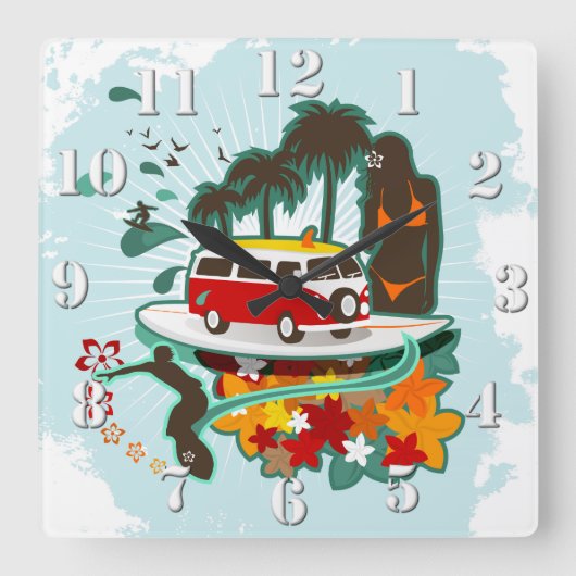 熱帯ビーチシーン スクエア壁時計 (正面)