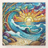 熱帯ビーチステンドグラス美術 ガラスコースター (正面)