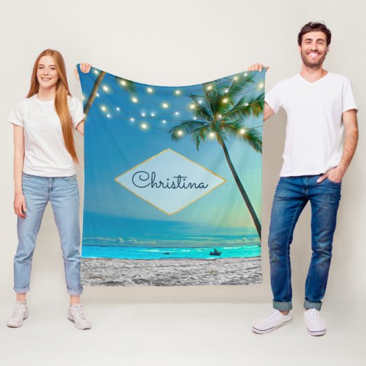 熱帯ビーチストリングライトパームツリー固有名 フリースブランケット (インサイチュ)