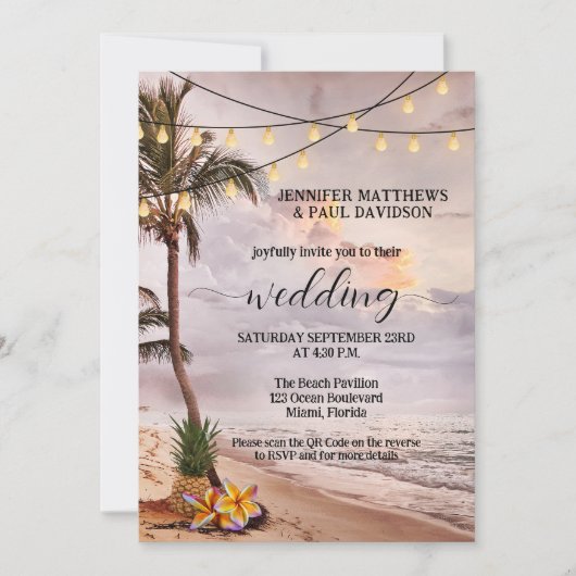 熱帯ビーチストリングライトQRコード結婚ズ 招待状 (正面)
