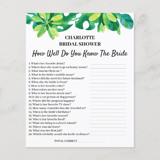 熱帯ビーチテーマブライダルシャワートリビア問題 チラシ (正面)