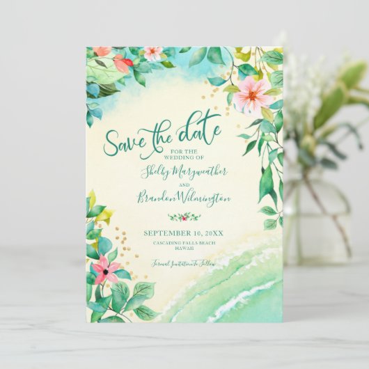 熱帯ビーチデスティネーション水彩フローラ セーブザデート (スタンド正面)
