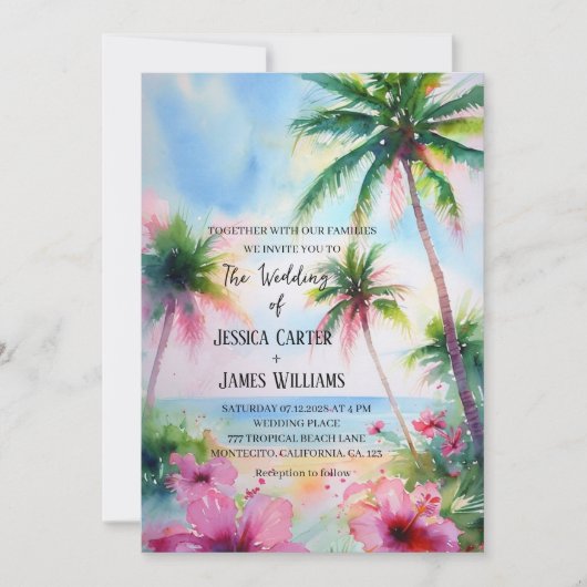熱帯ビーチハワイアンハイビスカス結婚ズ 招待状 (正面)