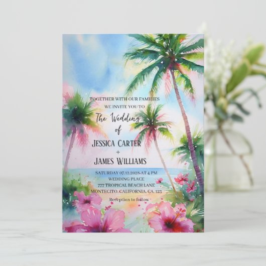 熱帯ビーチハワイアンハイビスカス結婚ズ 招待状 (スタンド正面)
