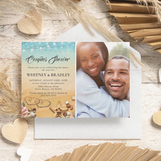 熱帯ビーチハートフォトカップルのシャワー 招待状