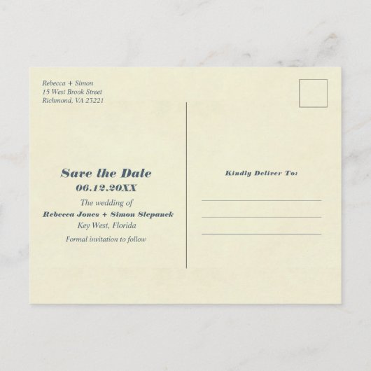 熱帯ビーチバジェット結婚式の保存日付 案内ポストカード (裏面)