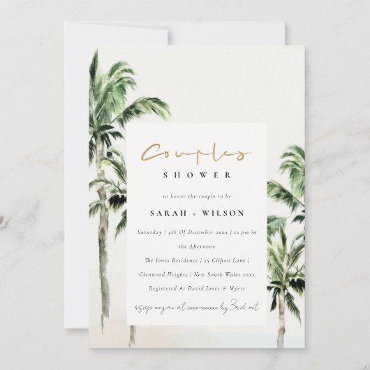 熱帯ビーチパームツリーウォーターカラーカップルシャワー 招待状 (正面)