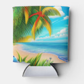 熱帯ビーチパームツリーシーン 缶クーラー (正面)