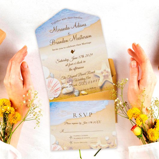 熱帯ビーチヒトデ結婚サマー オールインワン招待状