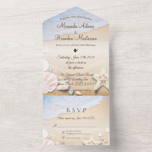 熱帯ビーチヒトデ結婚サマー オールインワン招待状 (内側)