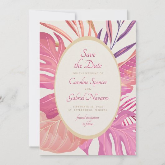 熱帯ビーチピンクの結婚式 セーブザデート (正面)