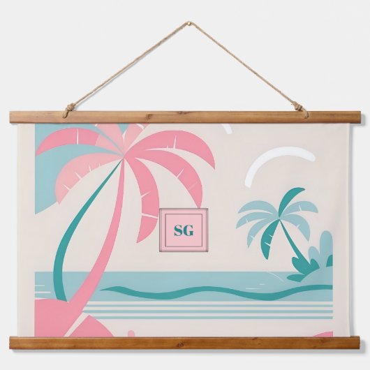 熱帯ビーチピンクティール(緑がかった色)ヤシの木 吊り下げ型タペストリー (正面)