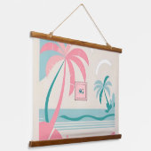 熱帯ビーチピンクティール(緑がかった色)ヤシの木 吊り下げ型タペストリー (傾斜あり)