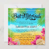 熱帯ビーチピンクハイビスカスバルミツワー 招待状 (正面)