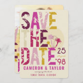 熱帯ビーチピンクパームツリーズグランジ文字写真 セーブザデート (正面/裏面)