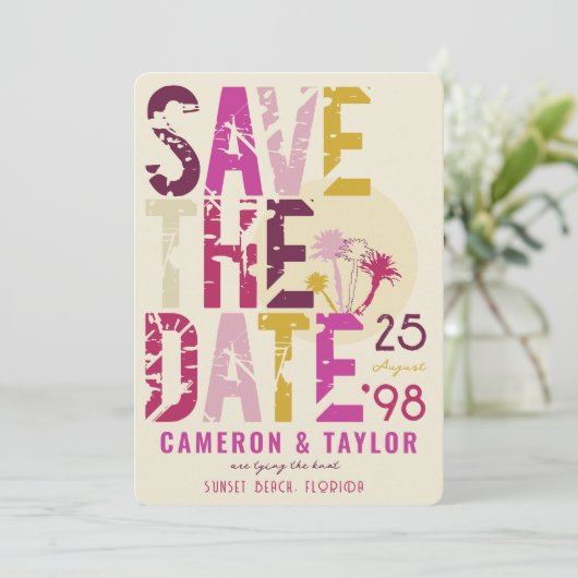熱帯ビーチピンクパームツリーズグランジ文字写真 セーブザデート (スタンド正面)