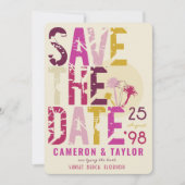熱帯ビーチピンクパームツリーズグランジ文字写真 セーブザデート (正面)