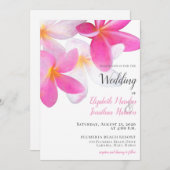 熱帯ビーチピンクプルメリアフローラハワ結婚イ 招待状 (正面/裏面)