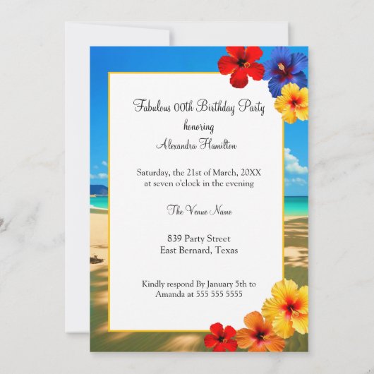 熱帯ビーチファブラス50誕生日ハイビスカス 招待状 (裏面)