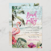 熱帯ビーチフラミンゴ夏の誕生日パーティー 招待状 (正面/裏面)