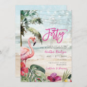 熱帯ビーチフラミンゴ40歳の誕生日パーティー 招待状 (正面/裏面)