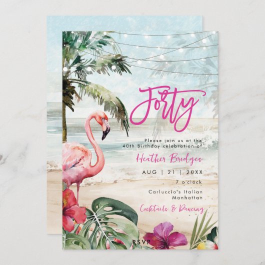 熱帯ビーチフラミンゴ40歳の誕生日パーティー 招待状 (正面/裏面)