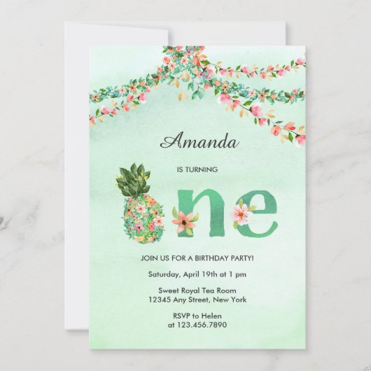 熱帯ビーチフローラウォーターカラーファースト誕生日 招待状 (正面)